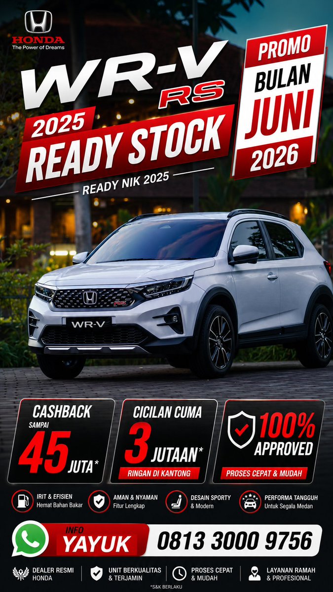 yayukhonda's tweet photo. Honda WR-V: Performa tangguh untuk segala medan, desain modern untuk gaya hidup masa kini. π₯
βUnit Ready Stock! Proses cepat, mudah, dan aman. Jangan lewatkan promo menarik bulan Juni.
βChat langsung sekarang:
π± Yayuk - 0813 3000 9756
#HondaWRV #ReadyStock #PromoMobil https://t.co/GE6ISPk0Yt