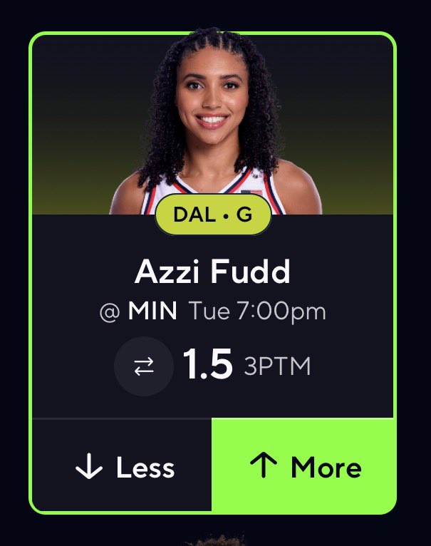 ClipSetNBA's tweet photo. WNBA PLAY ☢️

🏀Azzi Fudd “O” 1.5 3PTM 

-OVER in 3/4 games this season with 25+ mins✅ (1,3,6,2) 

Azzi has played 32+ mins in her L3/4 games, and 4+ 3PTA in her L5 games, attempting 12 3PT in one of those games. 
The rookie has been playing better after a slow start. #1 pick vs #2 pick hoops🔥

BOL if tailing!!!🍀

WNBA Record: 134-68 ☢️

#gamblingX #PlayerProp #PrizePicks #prizepicklocks #WNBAPicks #GamblingTwitter #prizepick #NBA #Playoftheday #Playoffs #potd #NBAX                  #WNBAPlayoffs #NBAPicks #NBAProps #NBAbet #GamblingsTwitter 
#Draftkings                  #betmgm        #fanduel