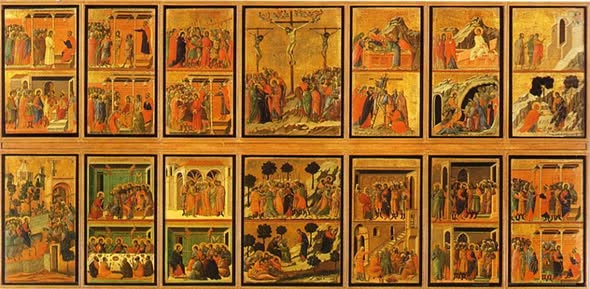 gozARTE's tweet photo. TAL DÍA COMO HOY... En 1311 se instaló en la catedral de #Siena el altar de la "Maestá" de #Duccio, una de las grandes joyas de la Historia del Arte. El retablo, que tenía pinturas en el anverso y el reverso, fue llevado en procesión hasta la catedral, instalándose en el altar mayor. A principios del siglo XVI se quitó de allí y tiempo después se desmontó, desperdigándose algunas de las tablas (una de ellas, la única obra de Duccio que está en España, acabó en la colección Thyssen).

El retablo nos muestra a la Virgen con el Niño en majestad, sentada en un trono (representado con una perspectiva todavía no muy lograda, pero que consigue dar sensación de profundidad), rodeada de santos y ángeles. El fondo, como en toda la pintura religiosa de esa época, es de oro, para trasladarnos a un espacio sobrenatural, aunque en alguna de las escenas de la vida de Cristo y de la Virgen ya va habiendo algún elemento de paisaje (rocas, árboles...).