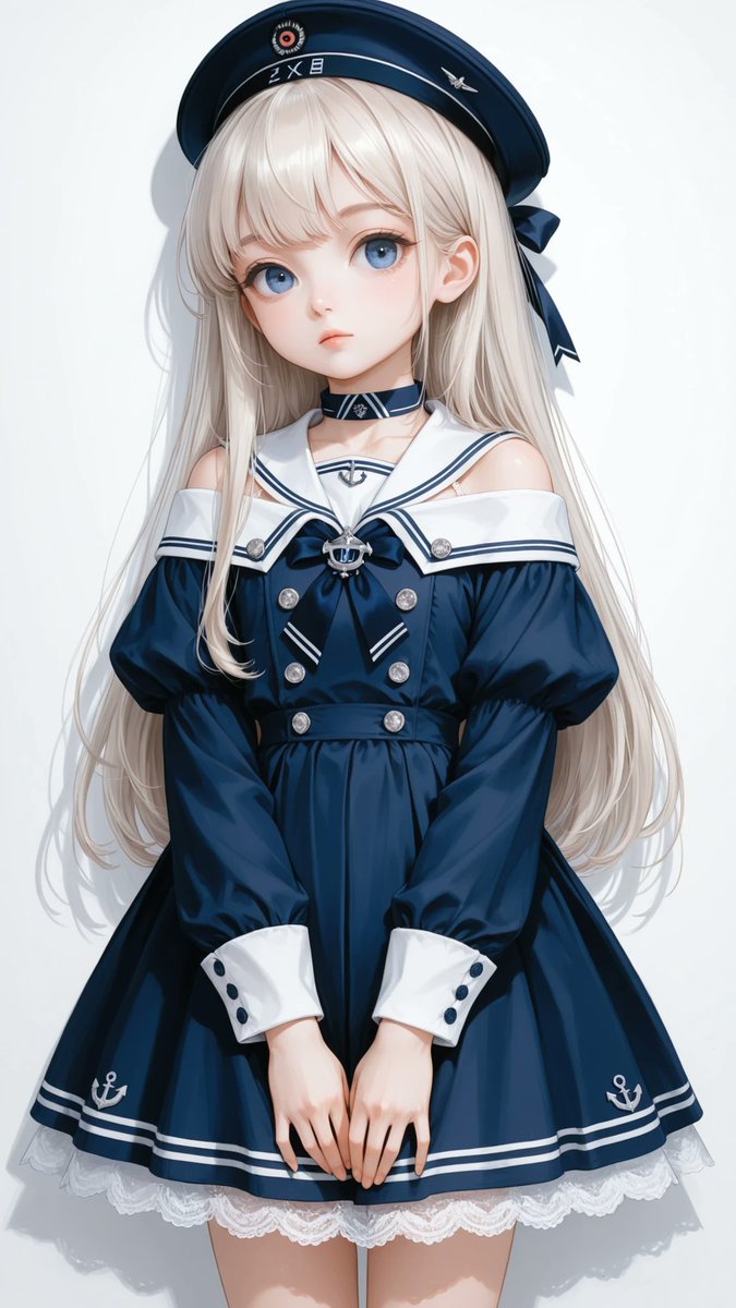 AliceLavli's tweet photo. セーラードレスのプロンプトをどうぞ✨
navy sailor dress, deep navy blue dress body, fitted A-line silhouette, off-shoulder sailor neckline, white sailor collar, double navy stripe trim on collar, white chest yoke panel, V-shaped sailor front panel, decorative sailor brooch on collar, navy halter strap behind neck, short white puff sleeves, gathered sleeve construction, navy ribbon loop accents on sleeves, fitted waistline, princess seam construction, double-breasted side button arrangement, silver decorative buttons on both sides of bodice, smooth tailored skirt, short skirt length, white double stripe trim at hem, white lace underskirt peeking below hem, classic naval aesthetic, strict color placement, deep navy blue dress body only, white sailor collar only, white puff sleeves only, silver buttons only, navy stripe trim only, navy sleeve accents only