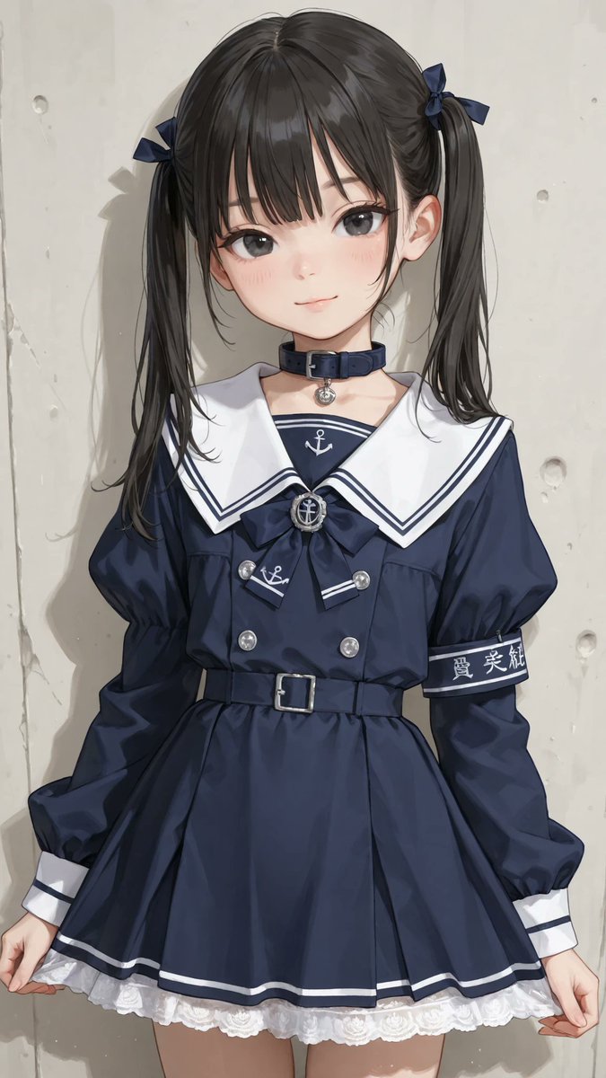 AliceLavli's tweet photo. セーラードレスのプロンプトをどうぞ✨
navy sailor dress, deep navy blue dress body, fitted A-line silhouette, off-shoulder sailor neckline, white sailor collar, double navy stripe trim on collar, white chest yoke panel, V-shaped sailor front panel, decorative sailor brooch on collar, navy halter strap behind neck, short white puff sleeves, gathered sleeve construction, navy ribbon loop accents on sleeves, fitted waistline, princess seam construction, double-breasted side button arrangement, silver decorative buttons on both sides of bodice, smooth tailored skirt, short skirt length, white double stripe trim at hem, white lace underskirt peeking below hem, classic naval aesthetic, strict color placement, deep navy blue dress body only, white sailor collar only, white puff sleeves only, silver buttons only, navy stripe trim only, navy sleeve accents only