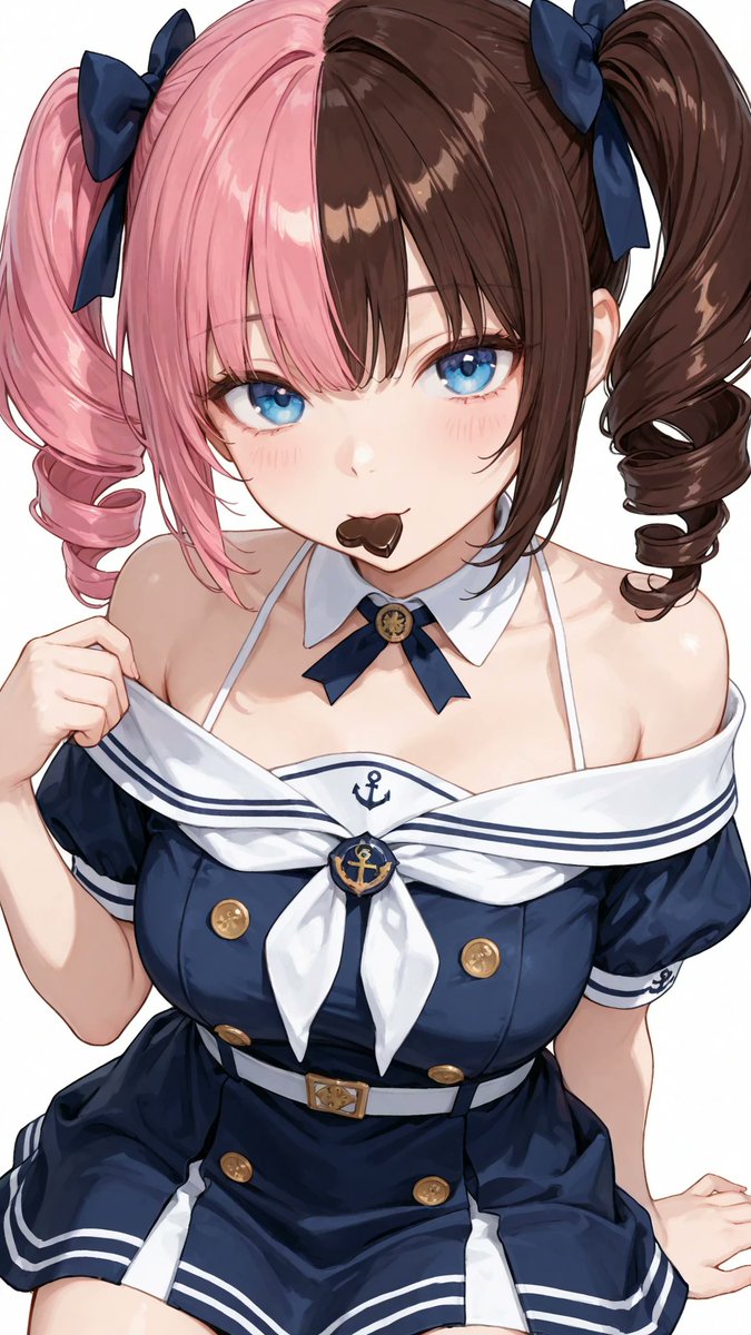 AliceLavli's tweet photo. セーラードレスのプロンプトをどうぞ✨
navy sailor dress, deep navy blue dress body, fitted A-line silhouette, off-shoulder sailor neckline, white sailor collar, double navy stripe trim on collar, white chest yoke panel, V-shaped sailor front panel, decorative sailor brooch on collar, navy halter strap behind neck, short white puff sleeves, gathered sleeve construction, navy ribbon loop accents on sleeves, fitted waistline, princess seam construction, double-breasted side button arrangement, silver decorative buttons on both sides of bodice, smooth tailored skirt, short skirt length, white double stripe trim at hem, white lace underskirt peeking below hem, classic naval aesthetic, strict color placement, deep navy blue dress body only, white sailor collar only, white puff sleeves only, silver buttons only, navy stripe trim only, navy sleeve accents only