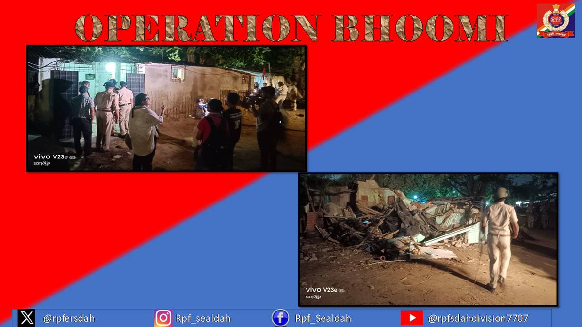 rpfersdah's tweet photo. On 08.06.2026, RPF officials evicted 20 unauthorized structures at Jadavpur Railway Station, cleared 3600 sqft area, and handed over the vacated land to Railway concern department.  
 #OparationBhoomi
@RPF_INDIA 
@ErRpf 
@rpfersdah https://t.co/QlVajqJYCe