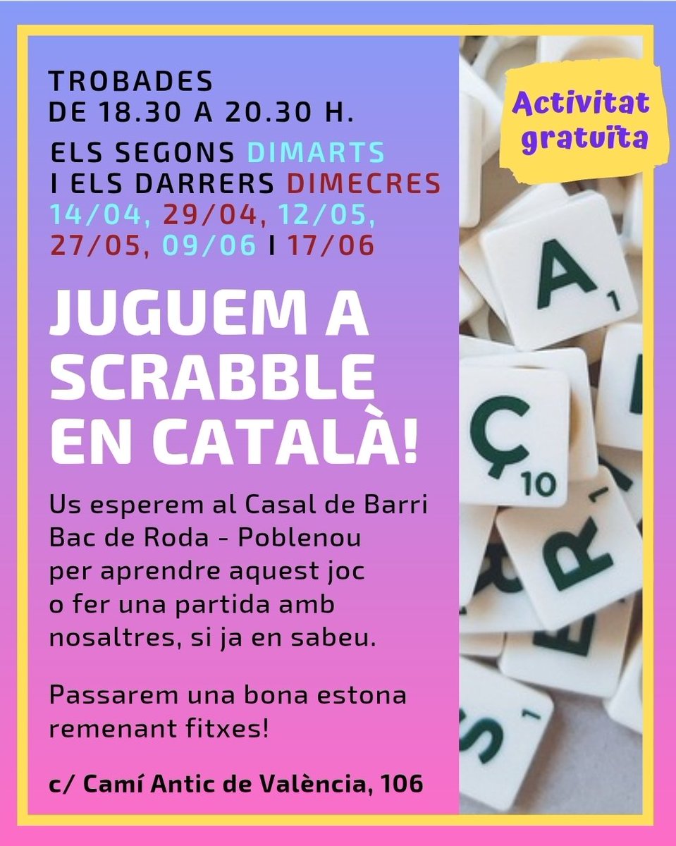 fiscrabblecat's tweet photo. #AVUI! #AGENDA
Trobades de #scrabbleencatalà al #Poblenou!
Avui a @CdBacdeRoda a les 18.30 h.
Podeu jugar tant si en sabeu com si en voleu aprendre. També és una bona manera de practicar #català, si n'esteu aprenent.
#scrabble #scrabbleCAT
#vxl #BarcelonaScrabble @CNLBarcelona https://t.co/Ydx5V5oGoL