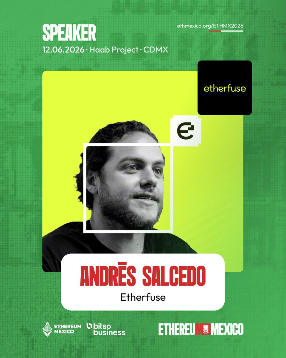 ethereum_mexico's tweet photo. The stage is set. 🇲🇽

Andres Salcedo, @andyfi is on the lineup for the fourth edition of #ETHMéxico2026.

Andrés Salcedo is the head of business development at @etherfuse. Specializing in business strategy, Go-To-Market, and real-world use cases within Web3. https://t.co/d4jjOcCy25