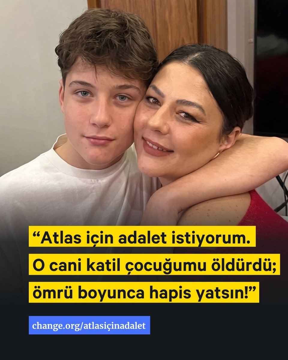 ChangeTR's tweet photo. Atlas Çağlayan'ın davası bugün başlıyor!

17 yaşındaki Atlas Çağlayan'ın 14 Ocak'ta İstanbul Güngören'de öldürülmesiyle ilgili davanın ilk duruşması bugün görülecek. Çağlayan'ı bıçaklayarak öldüren 15 yaşındaki tutuklu sanık E.Ç. hakim karşısına çıkacak.

Sanığın en yüksek cezayı alması, yaş nedeniyle indirim yapılmaması için Elif Türkoğlu bir kampanya sürdürüyor.

Destek için imzala: https://t.co/txh0N9FzHN