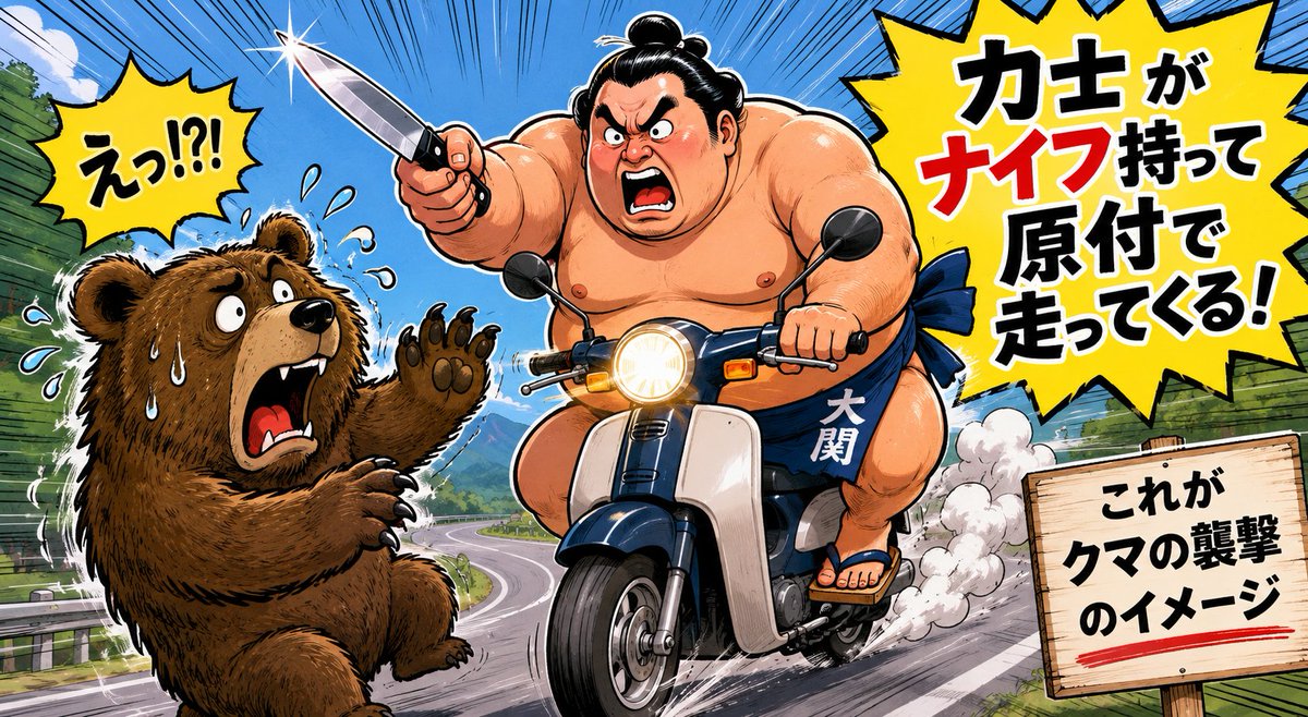 pRUgOf2YCk93462's tweet photo. デマ丸がわからないと言っていたので、ＡＩに「力士がナイフ持って原付で走ってくる」ようなもの描いてもらいました

すると２種類が同時に出てきたので使いたい人（？）がいればお使いくださいｗ https://t.co/0Gvsq8cDUQ