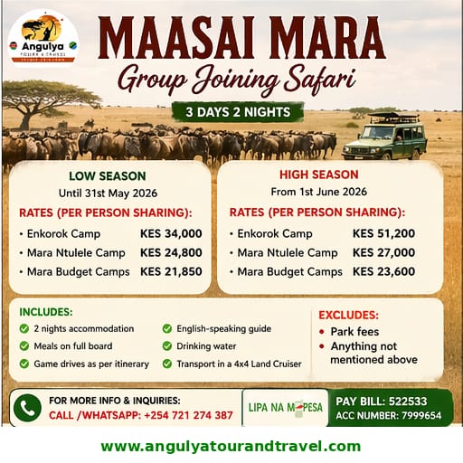 Angulyatours's tweet photo. MAASAI MARA GROUP JOINING SAFARI

📅 3 Days | 2 Nights
LOW SEASON
🏕️ Mara Budget Camps – KES 21,850
🏕️ Mara Ntulele Camp – KES 24,800
🏕️ Enkorok Camp – KES 34,000

HIGH SEASON
🏕️ Mara Budget Camps – KES 23,600
🏕️ Mara Ntulele Camp – KES 27,000
🏕️ Enkorok Camp – KES 51,200 https://t.co/r4Gx42eBDX