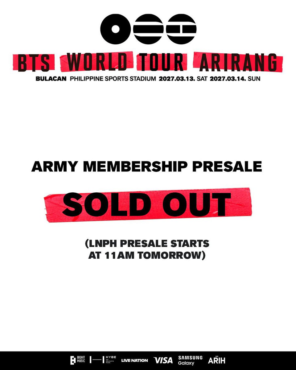 manilaconcerts's tweet photo. The ARMY Membership Presale for BTS WORLD TOUR ‘ARIRANG’ in BULACAN is officially SOLD OUT!

Filipino ARMYs, get ready for the next round as the Live Nation Philippines Presale starts tomorrow at 11:00 AM.
📍 Philippine Sports Stadium, Bulacan
🗓 March 13, 2027 — Saturday
🗓 March 14, 2027 — Sunday

Set your alarms, prepare your accounts, and good luck on ticketing day, ARMY! 💜

Presented by @livenationph 
#방탄소년단 #BTS #BTS_WORLDTOUR_ARIRANG #BTS_WORLDTOUR_ARIRANG_BULACAN #BTS_WORLDTOUR_ARIRANG_ASIA