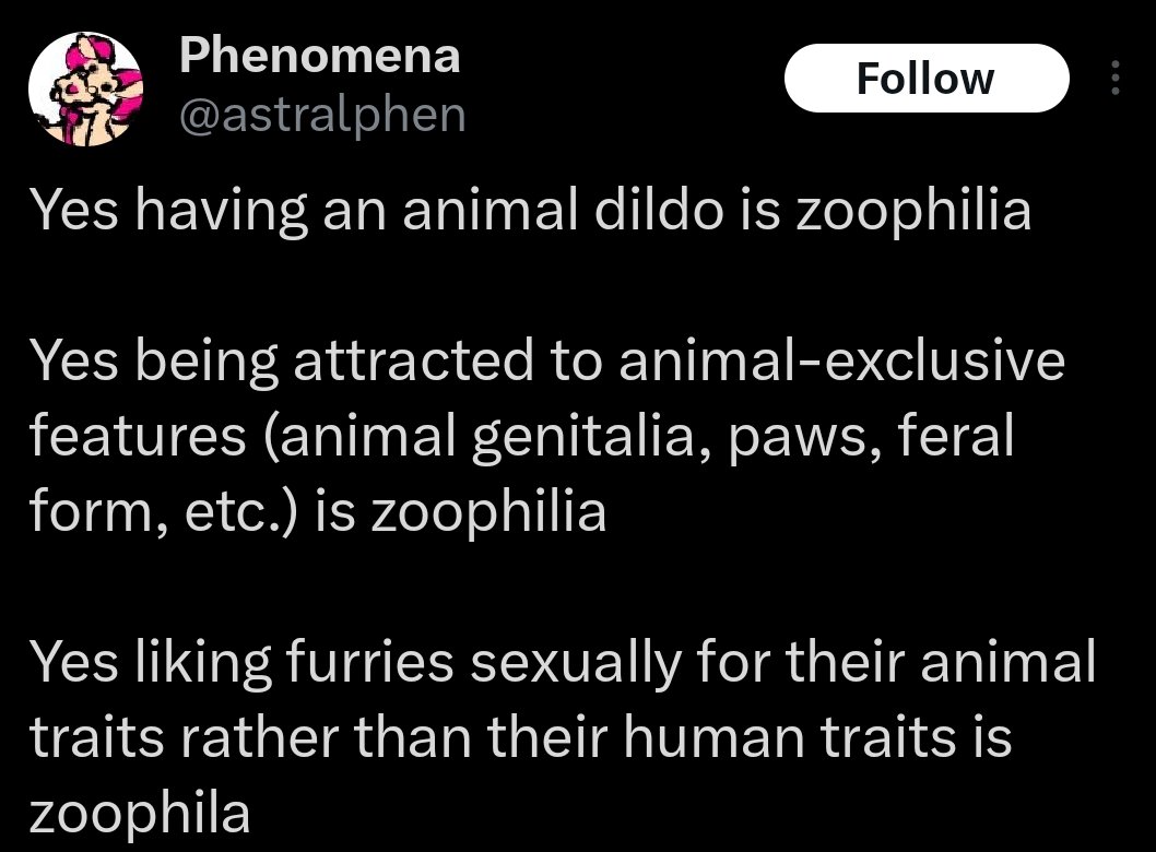 denimneverdies's tweet photo. "Being sexually attracted to cartoon animals is zoophilia. Unlike me, who is attracted to cartoon animals the morally correct way" https://t.co/2hMc29jXEm