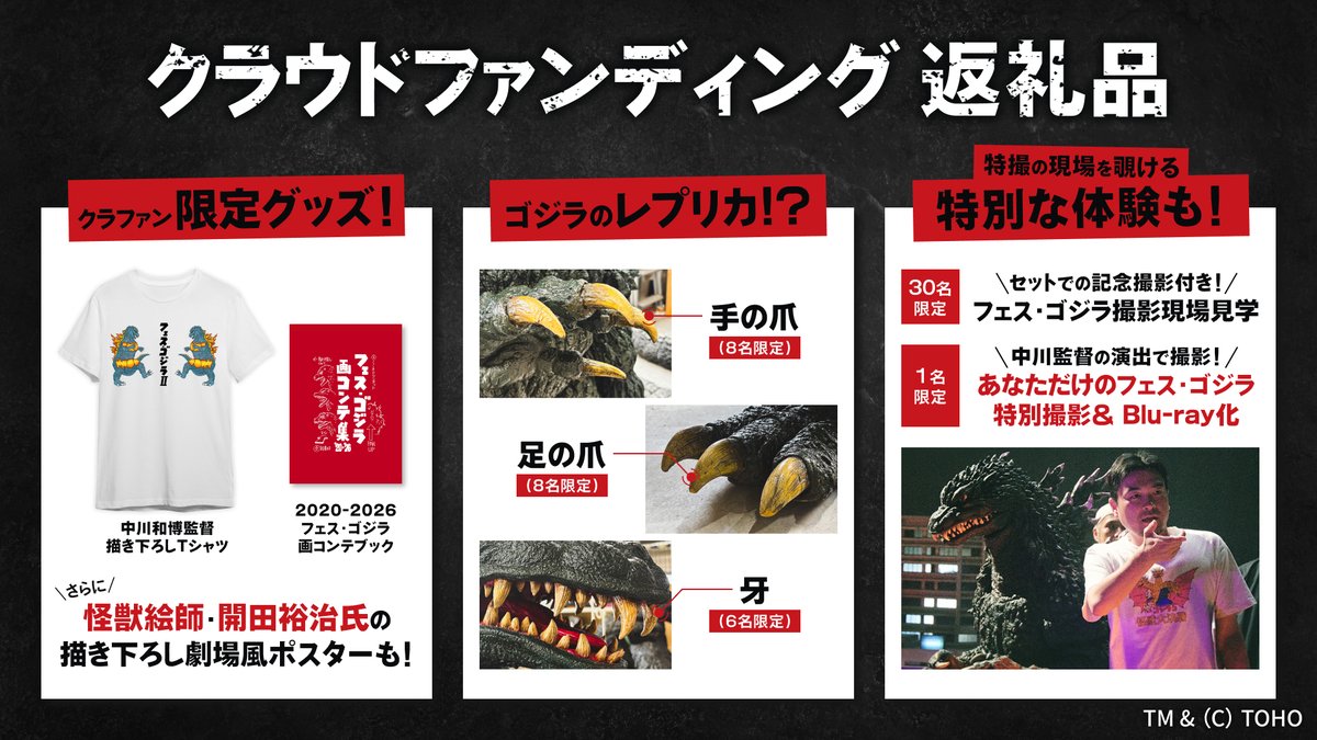 godzilla_jp's tweet photo. 📢#ゴジライベントinfo

【#フェスゴジラ リターン紹介】

ここでしか手に入らない至高の限定プロダクト、
その詳細を解禁。

【ゴジラ＜牙＞レプリカコース】
1️⃣ デジタル支援証明書
2️⃣ 限定活動報告閲覧権
3️⃣ 限定壁紙データ（PC/モバイル）
4️⃣ エンドロールクレジット掲載【大】
5️⃣ 中川監督描き下ろしTシャツ
6️⃣ 画コンテブック（B5）
7️⃣ 開田裕治描き下ろし劇場風ポスター（B2）
8️⃣ ゴジラ＜牙＞レプリカ

💥 555人突破特典『特製怒りカード』も
【全員支給】が確定しています（1万円以上対象）。
クレジット掲載の文字数制限や各種注意事項など、
支援前に必ずアイデアページをご確認ください！

開始まで、あと11日。

▼詳細・作戦準備はこちら
https://t.co/0ABlRUVP1z

#ゴジラ #Godzilla #バーニングゴジラ
#ゴジラフェス2026 #特撮
