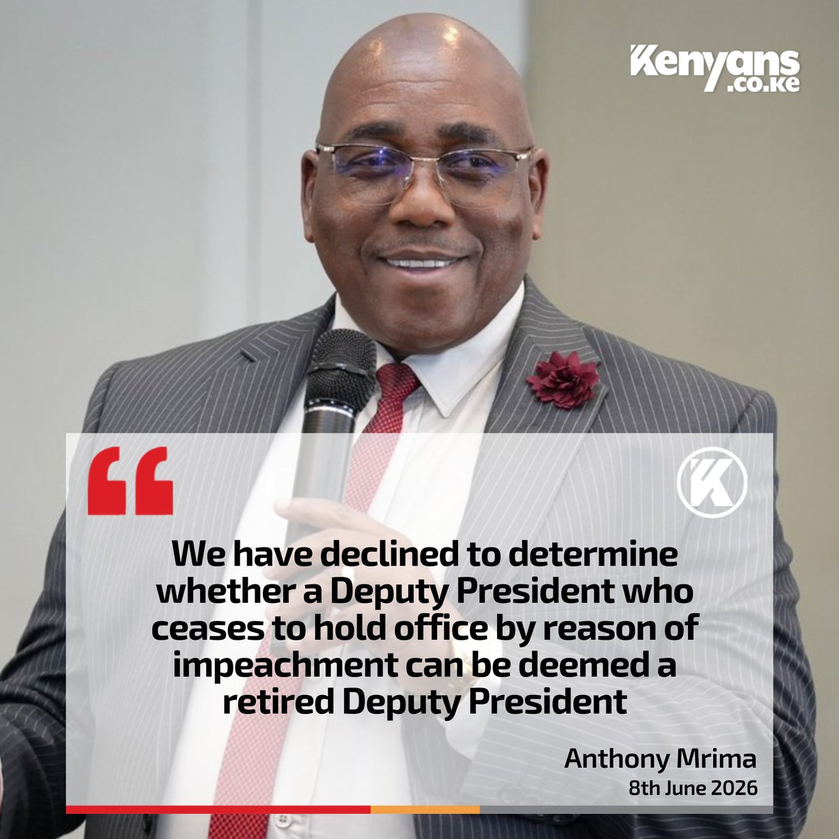 otienowill's tweet photo. The statement by Justice Anthony Mrima reflects a clear exercise of judicial restraint in constitutional adjudication. In declining to determine whether a Deputy President who ceases to hold office through impeachment can be regarded as a “retired Deputy President,” the court is essentially refusing to pronounce on a broader constitutional status question that was not necessary for the resolution of the dispute before it. 

This approach is consistent with the principle that courts should decide only issues that are directly material to the case at hand, and avoid making far-reaching pronouncements that may create unintended constitutional consequences. It does not imply that the issue is legally irrelevant or settled; rather, it signals that the question remains open for determination in a future case where it will be directly in issue and properly argued.