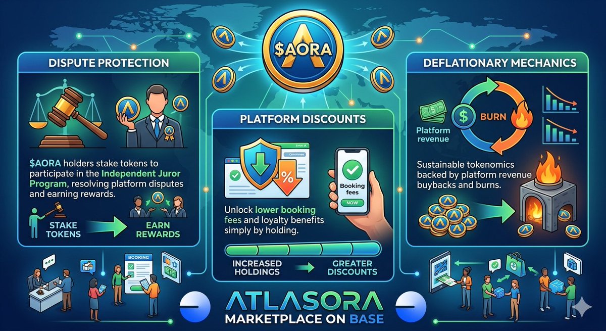 KiddiestN's tweet photo. The $AORA token is the economic and coordination engine driving the @AtlasOraFi marketplace on @base:

​Dispute Protection: $AORA holders stake tokens to participate in the Independent Juror Program, resolving platform disputes and earning rewards.
🧵👇🏾 https://t.co/XuFSLIUmFE