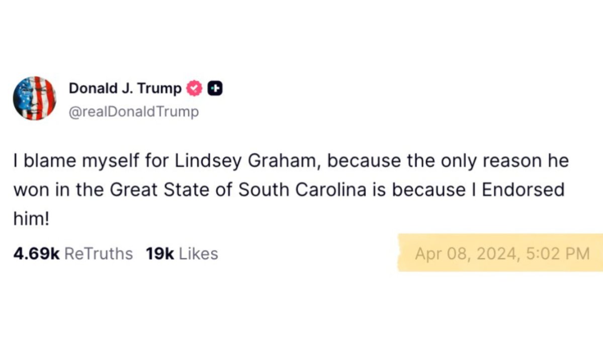 EvanAKilgore's tweet photo. @LindseyGrahamSC "I blame myself for Lindsey Graham..."

Trump in 2024 https://t.co/T5tJ5T0jT9