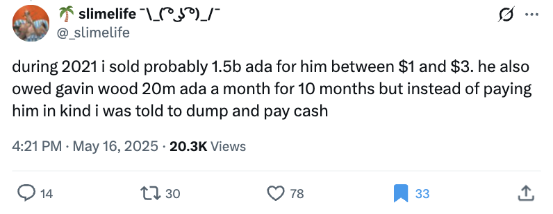 duonine's tweet photo. I can't believe I'm writing this.

I always suspected Cardano may be a scam, but I did not realize it was this big.

Charles sold over 1.5 billion ADA tokens between $1 and $3 in the 2021 run. Then also paid $200M in ADA to Gavin.

He literally dumped billions on his community. He may have dumped more billions still since. Crazy.

Check the last post in this thread too.
