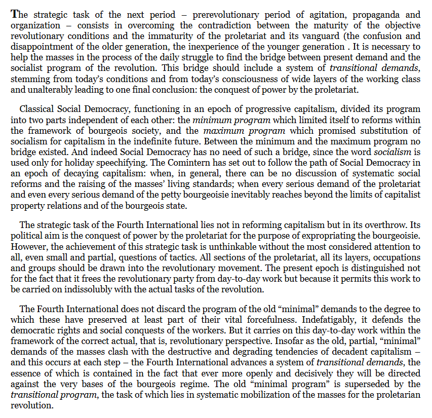 Engineeredd's tweet photo. @n_hold @the_autonomia They're onto something, but I think Trotksy put it better in the Transitional Program. In the sense that even reformist demands became a site of struggle around which the whole working class can be organized. Less to do with the thermodynamics of capitalism. https://t.co/qH4RWNgwqw
