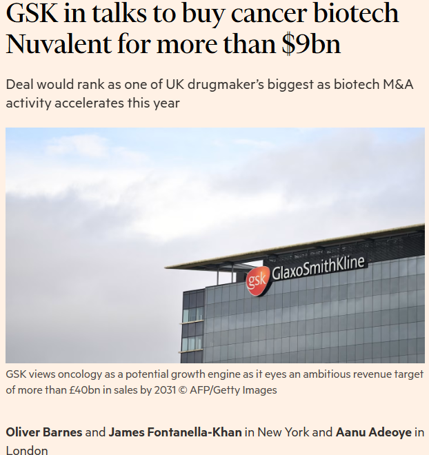 InsideArbitrage's tweet photo. GSK $GSK in Talks to Buy Cancer Biotech Nuvalent $NUVL - FT @mroliverbarnes @JFK_America @aanuadeoye 

🧬The companies were locked in discussions late on Monday with the aim of agreeing on a deal as soon as this week.

🧬A potential deal could value Nuvalent at between $9 billion and $10 billion.
