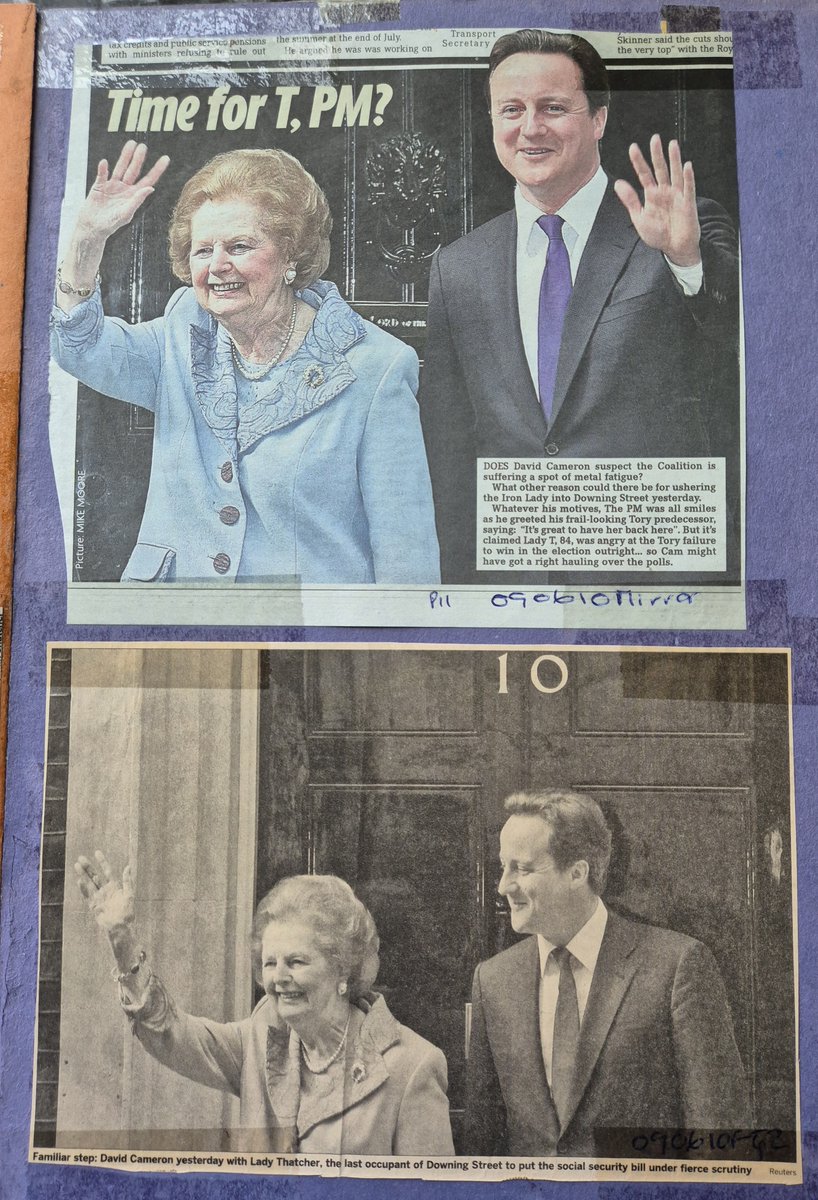 exPremiers's tweet photo. 📰 'Maggie's den again'.

🗓️ Just one of the headlines that appeared on this day, 9 June, in 2010 reporting on Margaret Thatcher visiting David Cameron in Downing Street the previous day.

🔍 With a cameo appearance by Gordon Brown. https://t.co/JqJfA0LBa2
