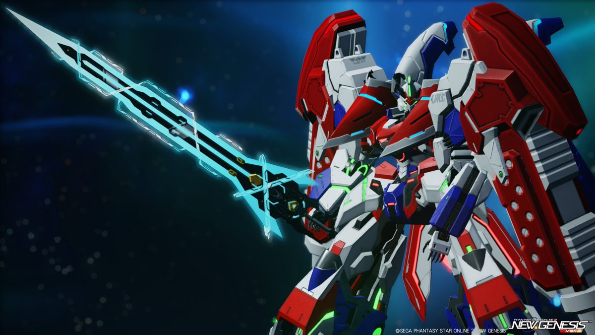 bata73041408's tweet photo. プライマスフレーム型キャスト・・・です。

大きいフレーム＋主人公機的なデザイン・カラーをやりたかったやつです、ヒロイック感重視。

今回は脚を延長して頭身上げつつ、肩～胸部盛って▼シルエットにしてます。
カラーリングの影響元は名前からバレそうｒｙ

#PSO2NGS_SS
#キャストはいいぞ https://t.co/wPryCCGHPr