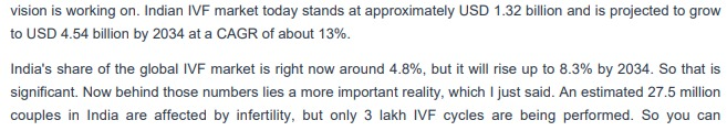 Karanbd1's tweet photo. Gaudium IVF concall. 

> India IVF market to grow at a 13% CAGR. 
> India's IVF treatment cost is 1/5 of that in the US
> Company plan a capex of INR 25 Cr for FY27, primarily for new hubs. https://t.co/JAMCkF4jZb
