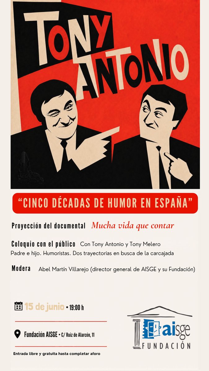 aisge's tweet photo. [LUNES 15 DE JUNIO, 19:00 HORAS, AISGE MADRID]

Proyección del documental dedicado a Tony Antonio y perteneciente a la colección 'Mucha vida que contar'

Coloquio posterior con el propio Tony Antonio y su hijo, Tony Melero, quien ha seguido sus pasos en el mundo del humor

¡Ven! https://t.co/hcOAloK8FN