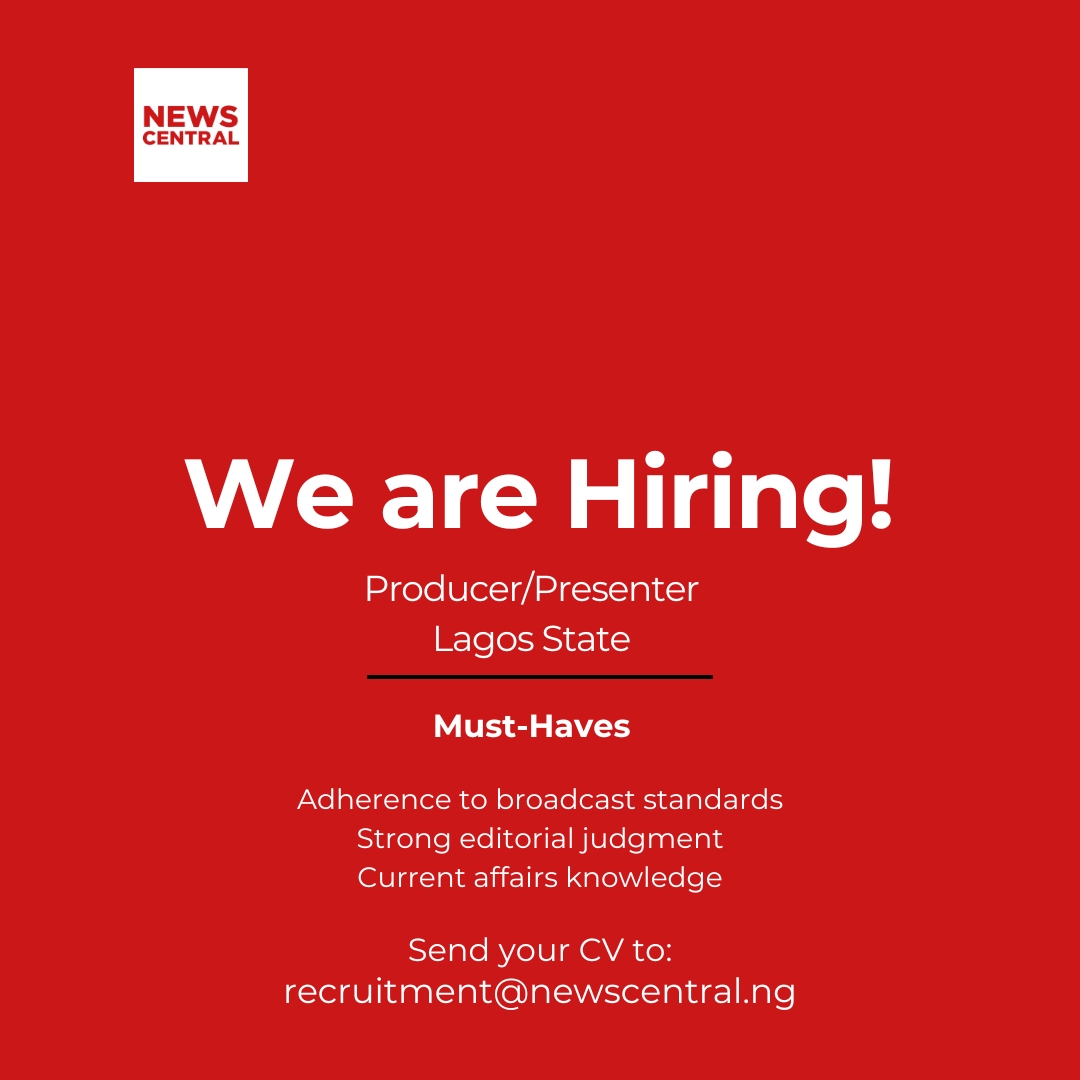 NewsCentralTV's tweet photo. We are looking for an experienced Producer/Presenter to join our Lagos team.

This is a unique opportunity for a creative storyteller who thrives both in the studio and in the field.

Ready to shape the stories that matter? Send your CV to Recruitment@newscentral.ng. https://t.co/px4KRsVJ4L