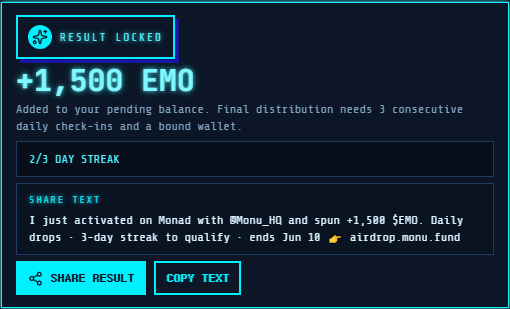DiggrMON's tweet photo. I just activated on Monad with @Monu_HQ and spun +1,500 $EMO.

Daily drops · 3-day streak to qualify · ends Jun 10
👉 https://t.co/TwOWcjUzr2 https://t.co/6V3EhsexVd