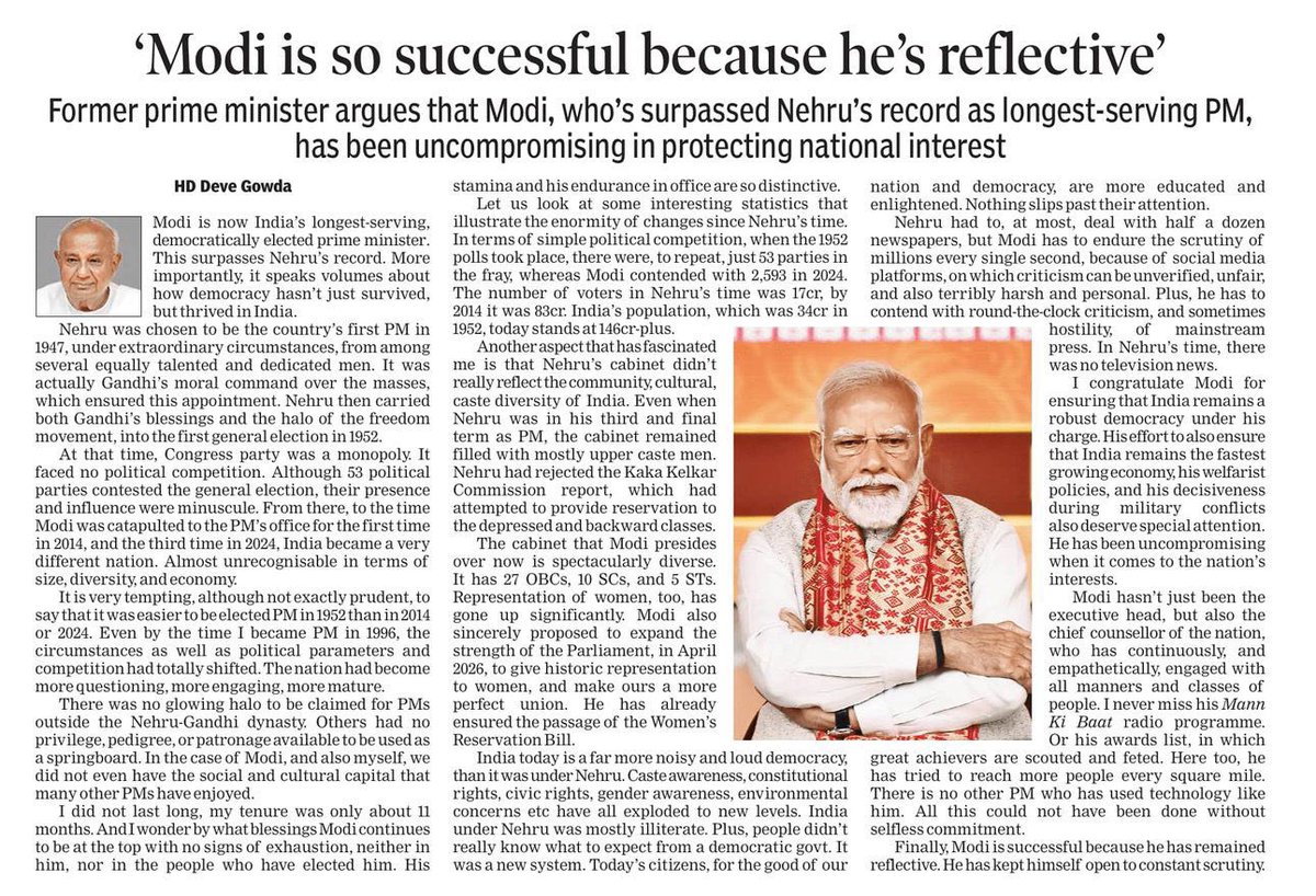 KumarHarsh_'s tweet photo. Former Prime Minister of India, Shri H.D. Deve Gowda, expressed his views on Prime Minister Shri Narendra Modi breaking the record of former Prime Minister Shri Nehru for the longest tenure as Prime Minister of India, not merely a general statement but a message of India's strong roots as a democratic nation.

Under the able and visionary leadership of Honorable Prime Minister Shri Narendra Modi, we have set many records as a nation. India has witnessed unprecedented progress in these years, from health, roads, and infrastructure to public welfare, i.e., social justice.

The people of India are well aware of Honorable Prime Minister's vision and strong will, as a result of which his popularity is growing day by day. The BJP's historic achievement in the Bengal elections will be remembered as a golden chapter for the BJP under Honorable Prime Minister.

Heartiest congratulations to Honorable Prime Minister Shri @narendramodi. May God grant you even more energy so that you can continue to serve India with the same zeal in the future.