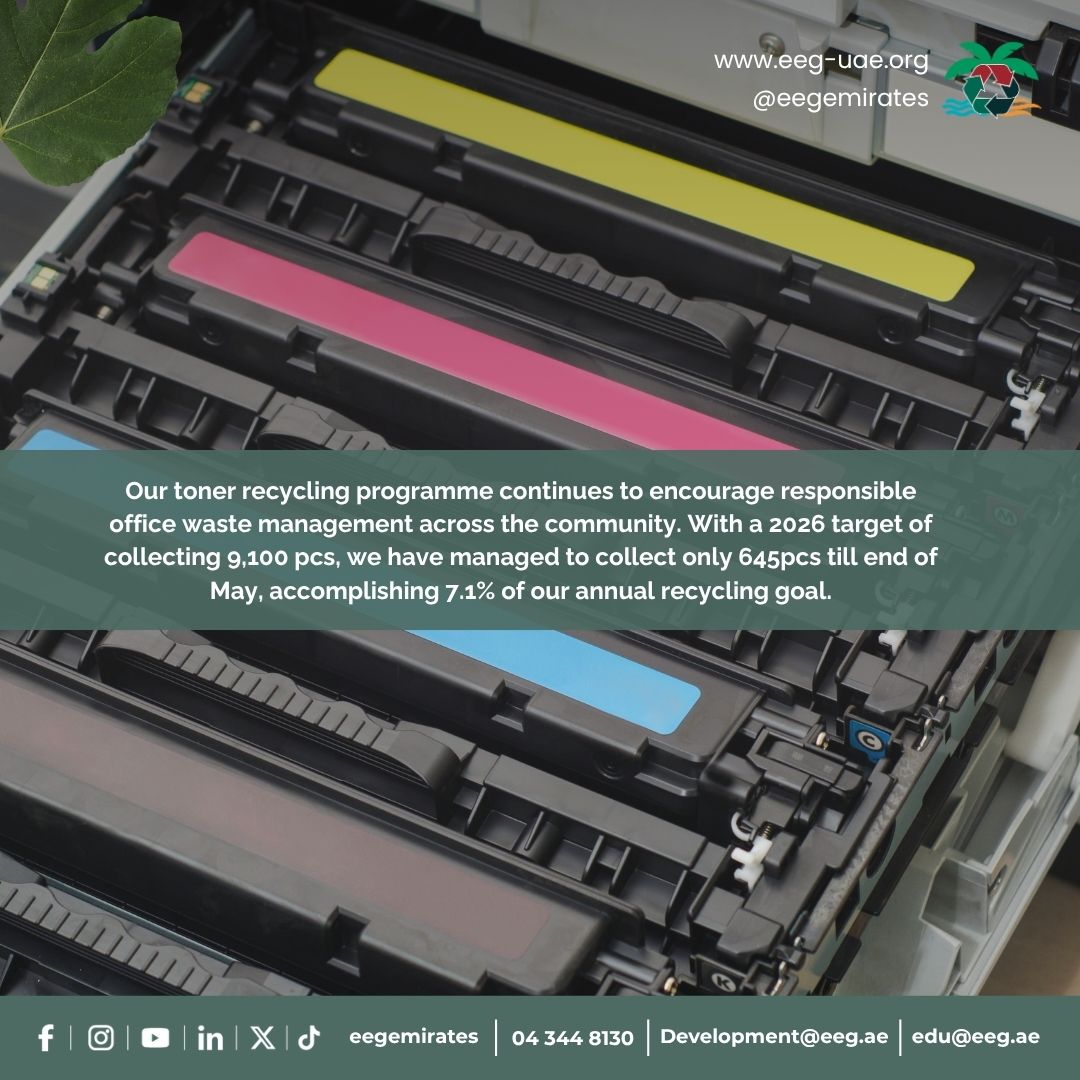 eegemirates's tweet photo. Our Toner Recycling Programme continues promoting responsible office waste management. By end of May 2026, we collected 645 pcs against our annual target of 9,100 pcs, achieving 7.1% of the goal. Support sustainable workplace practices — contact: recycling@eeg.ae #Recycling #eeg https://t.co/WTmf2gHjtv