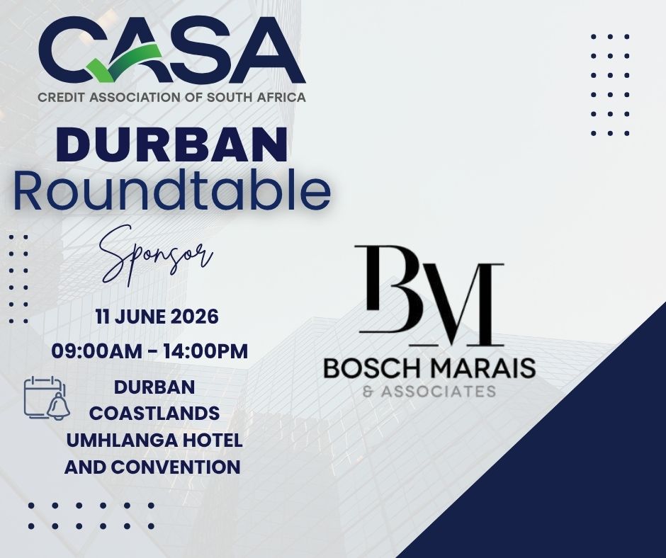 CasaCreditHome's tweet photo. Proud to have our sponsors, Bosch Marais supporting the CASA Durban Roundtable.

Their services help strengthen compliance, responsible lending &amp; a sustainable credit industry — aligned with CASA’s mission. 🤝

#CASARoundtable #ResponsibleCredit https://t.co/GAYf4GGOIY