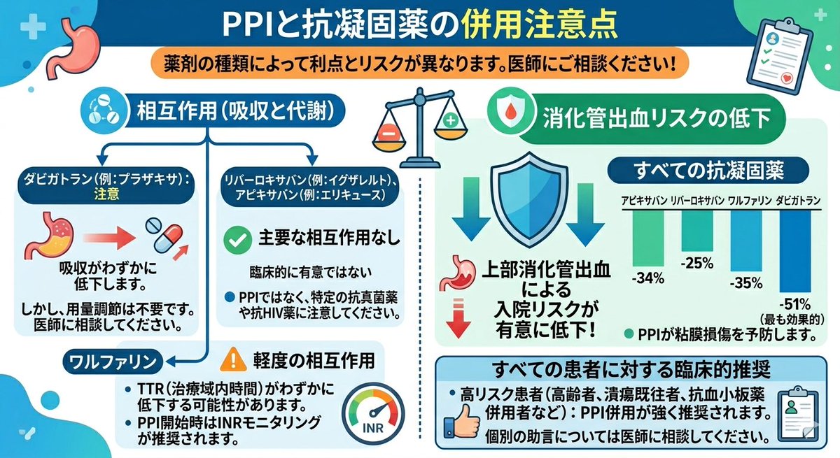 dai217S's tweet photo. 【薬の併用第二弾】
抗凝固薬と胃薬PPIの関係
種類によって少し注意。

ワーファリンとブラザキサはPPIの影響で、血液サラサラ効果が少し弱くなるかも⁉️

イグザレルト、エリキュースは相互作用なし⭕️
胃の出血リスクはどの薬と併用しても下がる⭕️
気になるようなら、医師に相談を‼️
#抗凝固薬　#PPI https://t.co/hOGoESzRuN