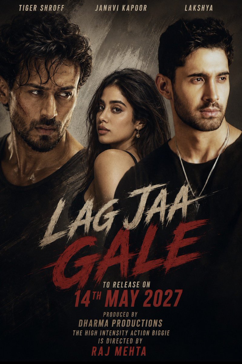 Tutejajoginder's tweet photo. RELEASE DATE ANNOUNCEMENT 

#TigerShroff - #JanhviKapoor - #Lakshya Starrer #LagJaaGale To Release On 14th May 2027

Produced by #DharmaProductions, The High Intensity Action Biggie Is Directed By #RajMehta

#KaranJohar #ApoorvaMehta

Note: AI generated poster https://t.co/4fnHJodz29