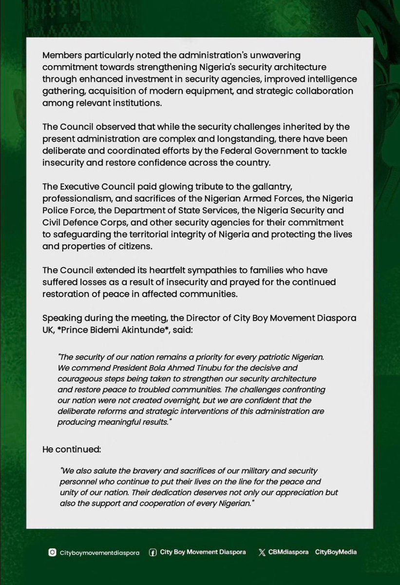 CBMdiaspora's tweet photo. The City Boy Movement Diaspora UK has reaffirmed its confidence in President Bola Ahmed Tinubu’s reform agenda and renewed its commitment to promoting national unity, security, and sustainable development.

As Nigerians at home and abroad, our collective responsibility is to support policies that strengthen our nation, foster peace, and create opportunities for future generations.

Cc: @CityBoyMedia 
        @kokomatic