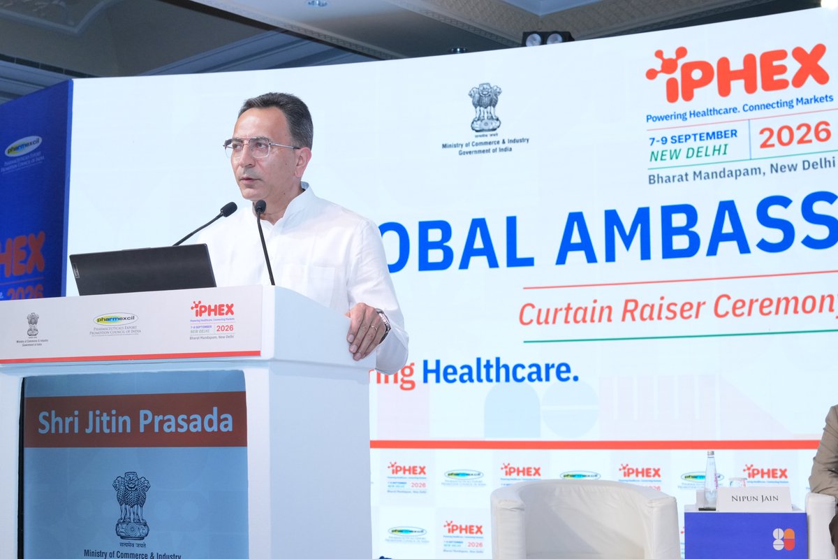 iPHEXIndia's tweet photo. At the iPHEX 2026 Curtain Raiser Ceremony, Shri Jitin Prasada, Hon'ble Minister of State, Ministry of Commerce and Industry, described iPHEX as the “Mother of All Exhibitions” and highlighted India's role as the “Pharmacy of the World”. https://t.co/BGYMcW2E6Z
