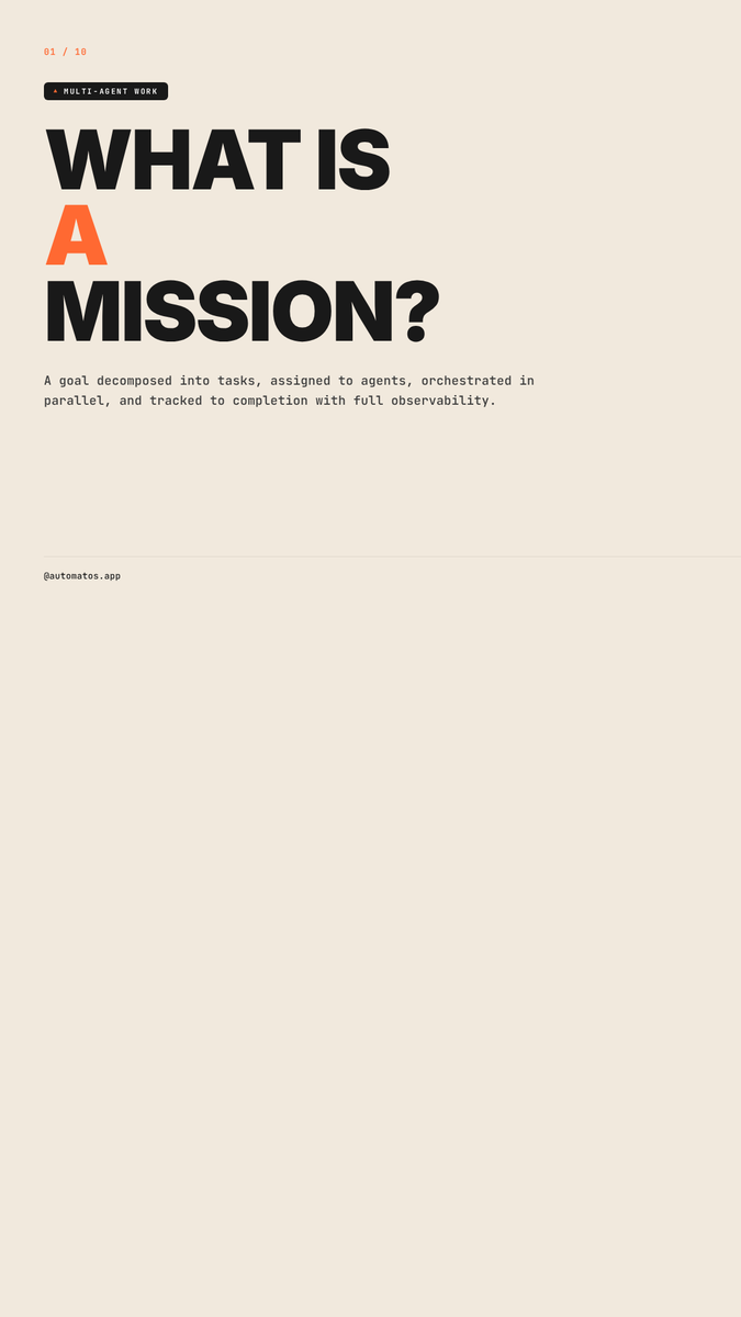 AutomatosAI's tweet photo. Missions — A goal decomposed into tasks, assigned to agents, orchestrated in parallel, and tracked to completion with full observability.

#automatos #aiagents #automation #orchestration #agentic https://t.co/efzWUGP6AW