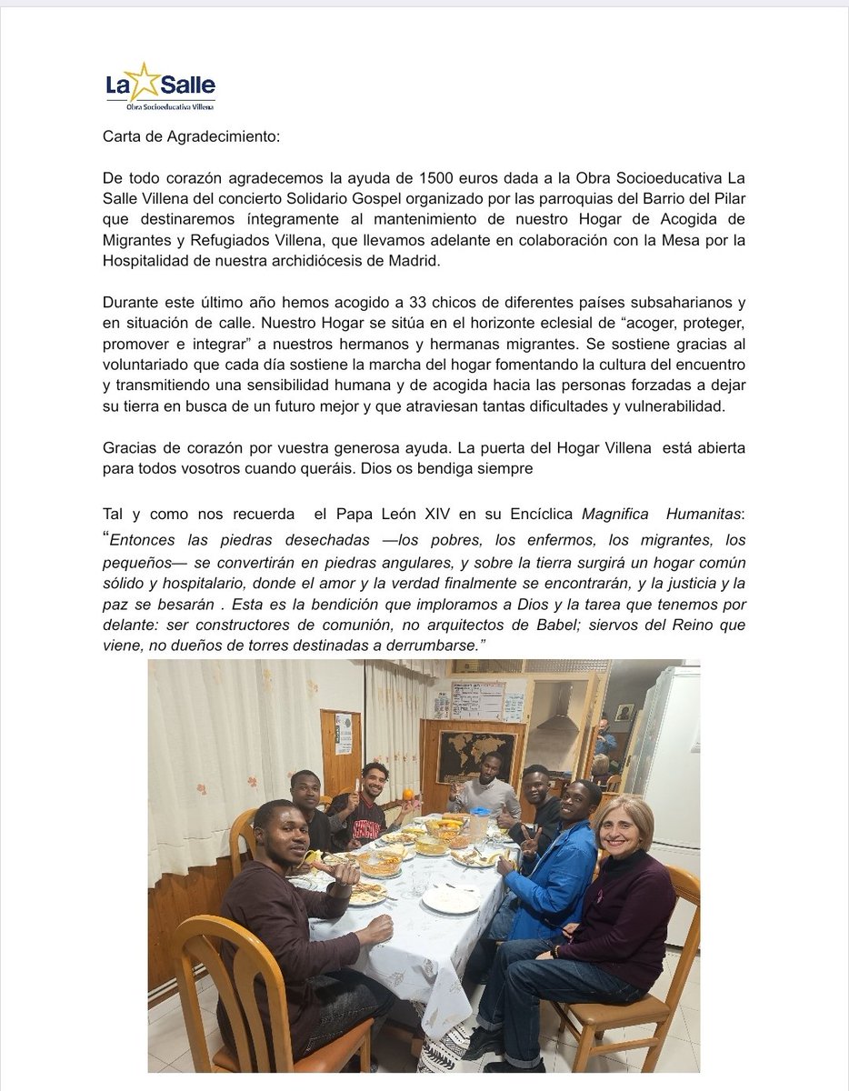 VillenaOSE's tweet photo. Agradecemos a los organizadores del Concierto Solidario Gospel de las parroquias del barrio del Pilar el donativo realizado a nuestro Hogar de acogida de migrantes Villena.
Gracias de corazón por vuestra solidaridad a este proyecto social de La Salle https://t.co/yqNcNYY062