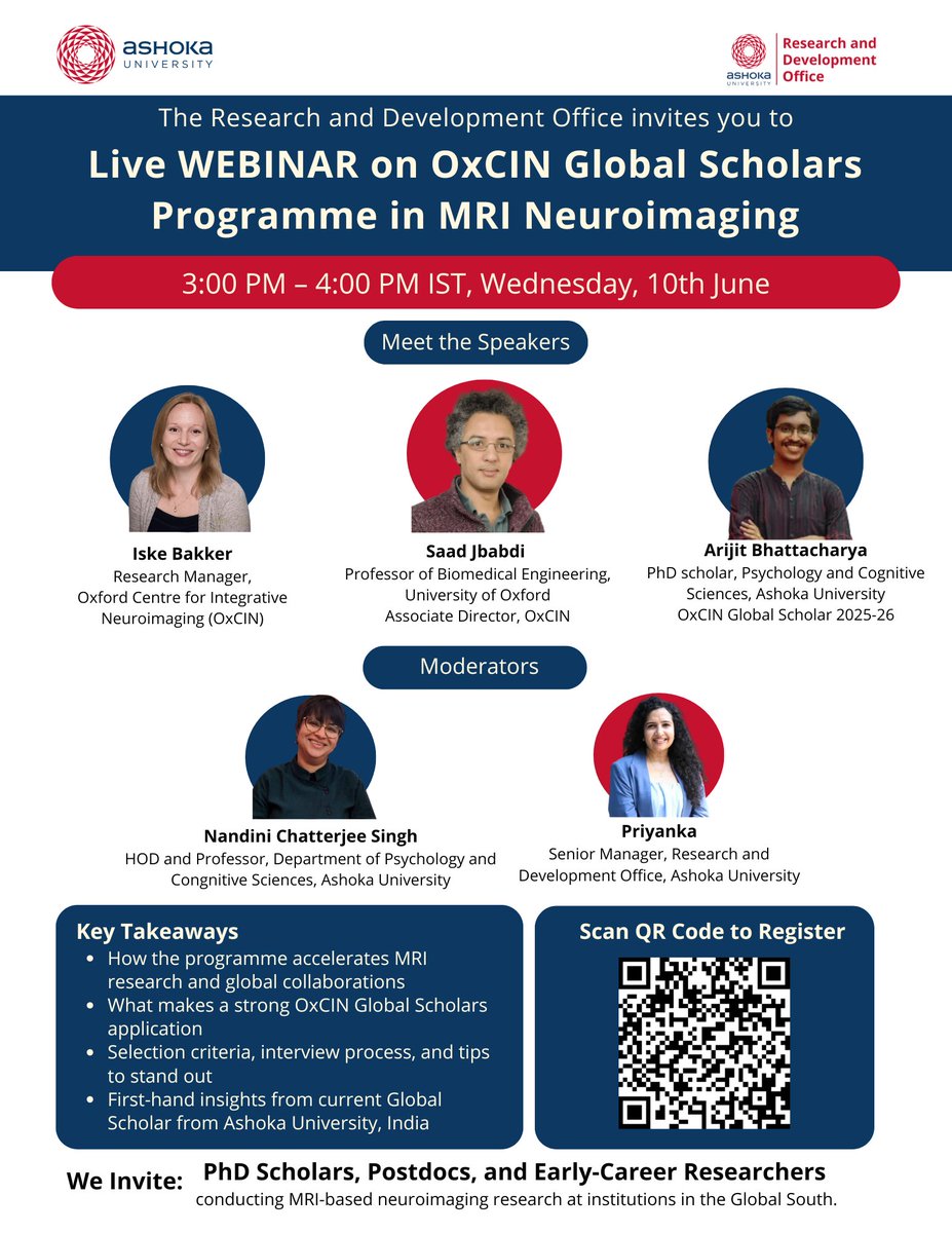 AshokaUniv's tweet photo. Research and Development Office (RDO), Ashoka University, invites you to a webinar on the OxCIN Global Scholars Programme in MRI Neuroimaging, featuring speakers from the Oxford University Centre for Integrative Neuroimaging (@OxfordCIN).

Date: 10 June 2026
Mode: Online
Register Now: https://t.co/yaIsAGsZOu

#AshokaUniversity
