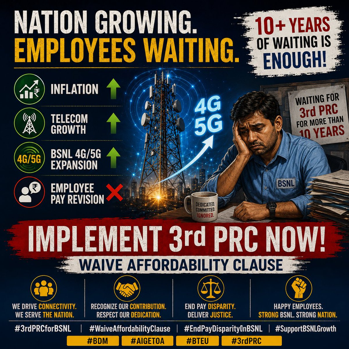 aigetoachq's tweet photo. The affordability clause should not become a permanent barrier to employees' rightful pay revision.

BSNL employees have contributed to growth, network expansion, and customer service excellence. Their efforts must be rewarded through **3rd PRC implementation without further delay.**

#3rdPRCforBSNL #WaiveAffordabilityClause 
#EndPayDisparityInBSNL #SupportBSNLGrowth
 
#BDM #AIGETOA #BTEU #3rdPRC 
 
@PMOIndia @JM_Scindia @DoT_India @PemmasaniOnX @DrJitendraSingh @mansukhmandviya @CMDBSNL @BSNLCorporate
@ETTelecom @BDM_BSNL @BMSkendra @BmsBojji @GSAIGETOA @gsbteubsnl