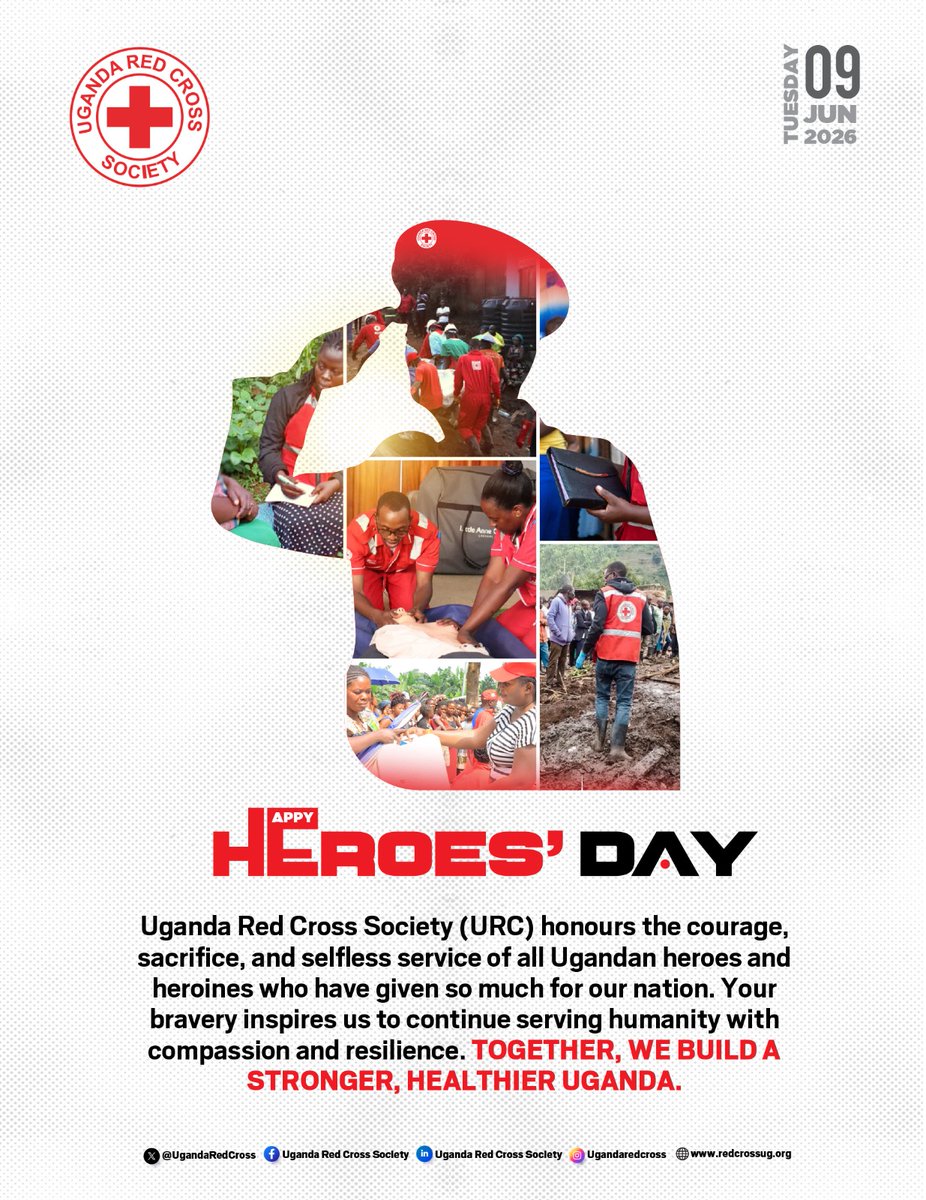 UgandaRedCross's tweet photo. Celebrating the heroes who serve with humanity every day.

🇺🇬 Happy Heroes Day, Uganda!

Today, we honor the courageous men and women whose sacrifices, service, and dedication have shaped our nation's journey and continue to inspire generations.

As we commemorate Heroes Day 2026, Uganda Red Cross pays tribute not only to our national heroes but also to the everyday heroes among us—volunteers, health workers, first responders, community leaders, and all those who selflessly serve others in times of need.

Their compassion, resilience, and commitment remind us that heroism is found in acts of humanity, solidarity, and service to others.

#HeroesDay2026