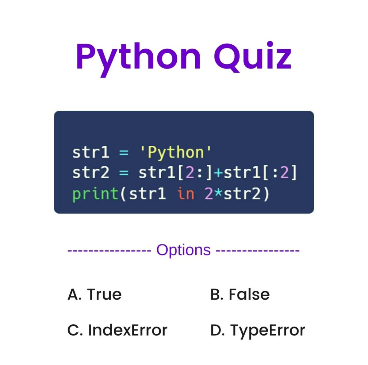 PythonDvz's tweet photo. 🤔🚀 Comment your answer 👇👍⚡
#python #programming #codinglife #developers #pythonquiz #codingquiz #codingchallenge #100DaysOfCode https://t.co/wOCZWCszUn