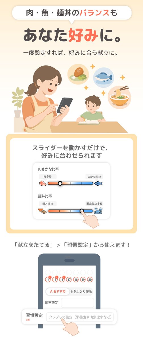 menew_menew's tweet photo. 新機能のご紹介です◎自分好みの献立（魚が多め、肉が多め、麺丼多めなど）が立てられる機能をリリースいたしました😊「献立をたてる」 > 「習慣設定」から、好みや体調、気分で色々試して新機能をご活用ください♪※ご利用前に必ず最新バージョンへアップデートしてからお試しください☆ https://t.co/8hCLGeIGiP