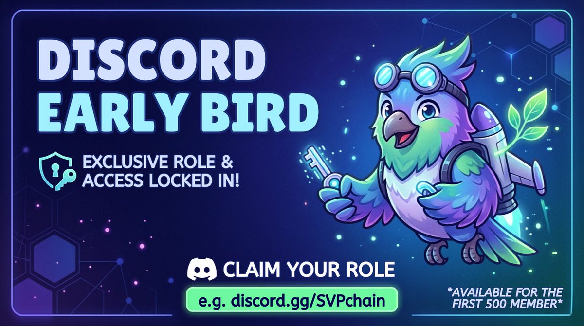 SvpChain's tweet photo. Only For The First 500 - innovators & early adopters get the permanent “Early Bird” role:
- Follow @SvpChain
- Enter Discord ➣ https://t.co/0wmca3i9Ai
✅First dibs on alpha testing & product drops
Once the 500 spots are gone, this role is locked forever. Be early
#EarlyAccess #Web3 #CryptoAlpha