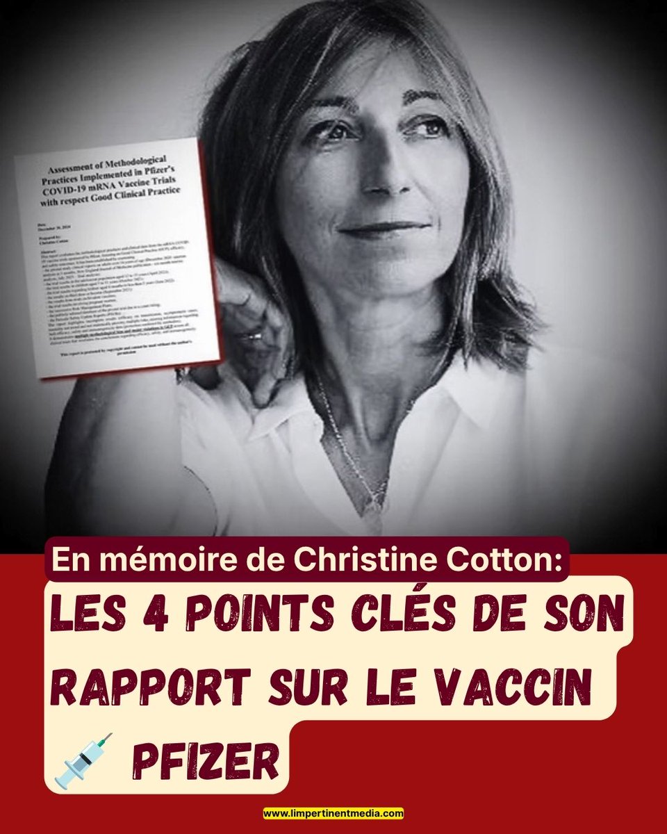 ameledebey's tweet photo. 🆓🕯️ La biostatisticienne #ChristineCotton vient de nous quitter, à 56 ans.

Elle laisse un rapport de 432 pages sur les essais cliniques du vaccin #Pfizer : biais de détection, efficacité sur la transmission jamais démontrée, différence #Process1/#Process2, affaire #Ventavia. 

✍️L'Impertinent l'a lu:
https://t.co/3DHTT9NHGU