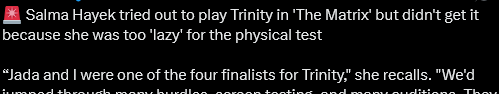 TeamNeither's tweet photo. @m_ward3 @sirwebs @RealEmirHan yes that is correct. Hayek is talking about the role of Trinity, which Jada didn't get either https://t.co/tuLaIYV3Oz