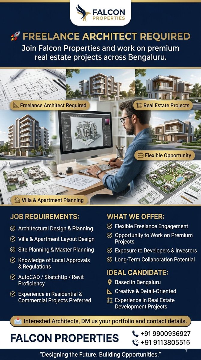 HelloFalcon's tweet photo. 🚨 URGENT HIRING – FREELANCE ARCHITECT 🚨
Professional associations with developers and investors.
📩 Interested candidates, please DM your portfolio and contact details immediately.

📞 Contact:
+91 9900936927
+91 9113805516
FALCON PROPERTIES https://t.co/d0upfY5tnQ
