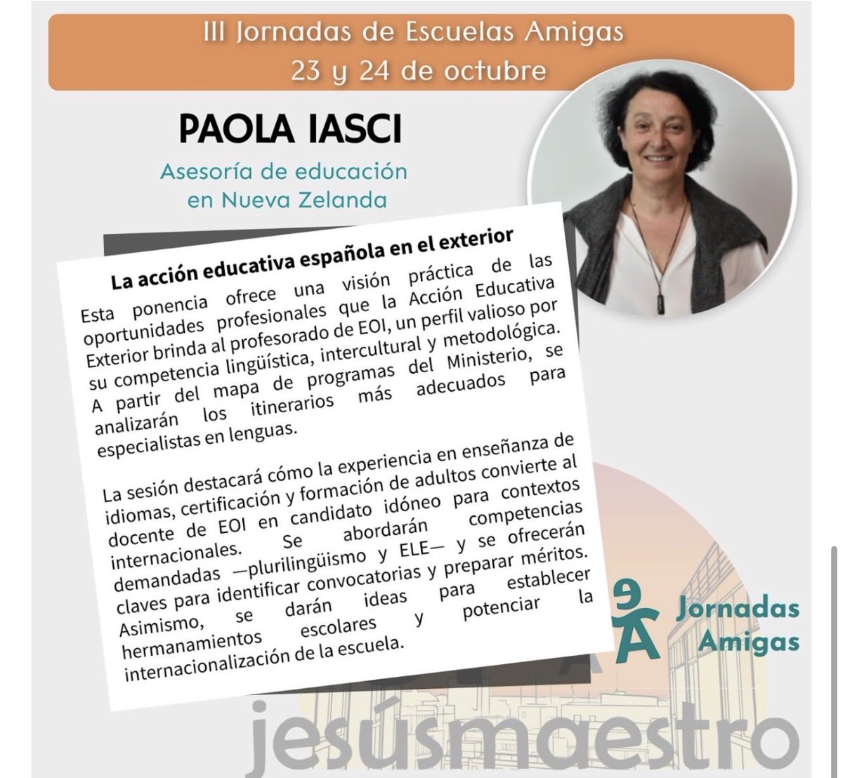 en_escuelas's tweet photo. ¿Te imaginas llevar tu experiencia docente al otro lado del mundo?
En las #IIIJornadasEscuelasAmigas, en @EOIjesusmaestro, @paolaiasci1, asesora en Nueva Zelanda nos acercará a las oportunidades que ofrece la #AcciónEducativaEspañolaenelExterior para el profesorado de EOI.
#EOI https://t.co/aoCTXHj84g