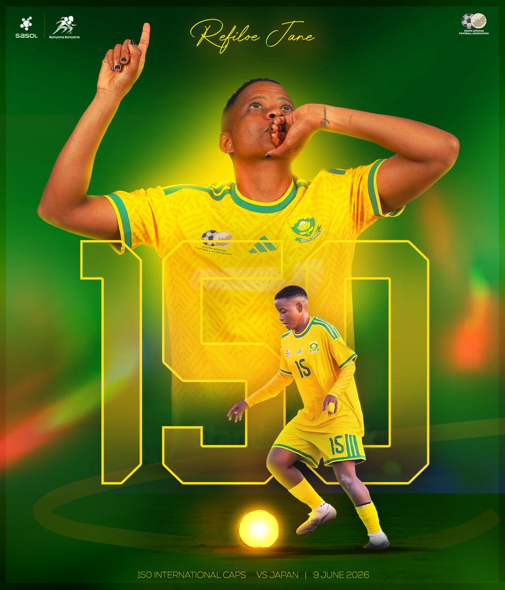 Banyana_Banyana's tweet photo. A big shoutout to Sasol Banyana Banyana captain Refiloe Jane on reaching 150 caps for country.... congratulations skipper!!

#BanyanaBanyana
#Banyana
#adidas
#LiveTheImpossilbe
@SasolinSport 
@adidas
@standardbankza
@adidasfootball https://t.co/ae8CXDlc6Q