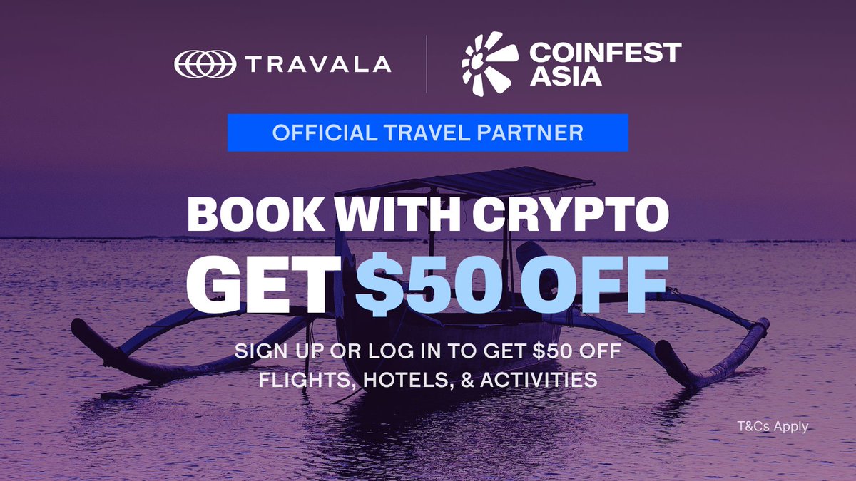 travalacom's tweet photo. If you want to see where crypto adoption is actually happening:

Look at @CoinfestAsia 2026 in Bali 📅 Aug 20–21

☑️ Builders
☑️ Traders
☑️ Institutions. All in one place!

Book your trip with crypto &amp; get $50 OFF ✈️

Sign up or log in via this link👉 https://t.co/wB3O9qMpGl https://t.co/uIXL9syisV