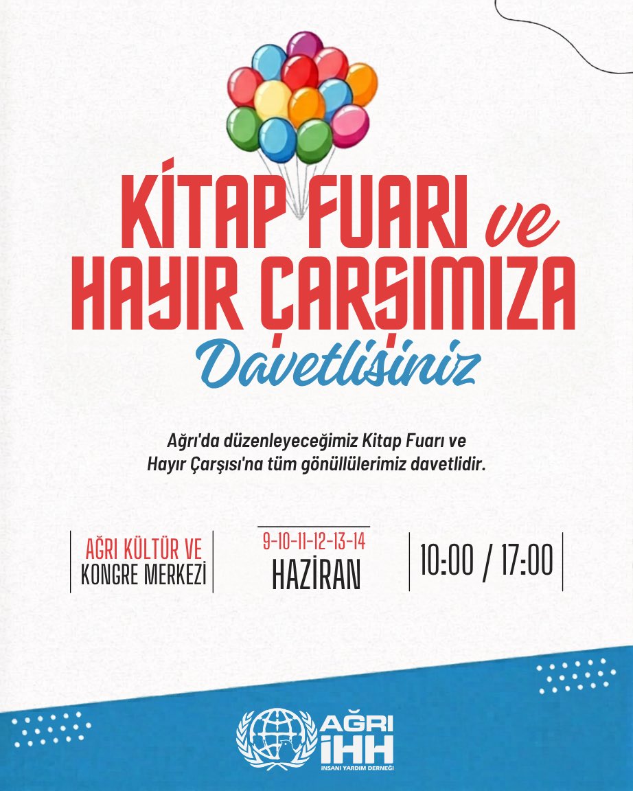 Agriihh's tweet photo. 📌 Kitap Fuarı ve Hayır Çarşımıza Davetlisiniz!

Ağrı’da düzenleyeceğimiz Kitap Fuarı ve Hayır Çarşısı’na tüm gönüllülerimiz davetlidir.

📍Ağrı Kültür ve Kongre Merkezi
📅 9-10-11-12-13-14 Haziran
⏰ 10.00 - 17.00 https://t.co/rnQRKe3G3M