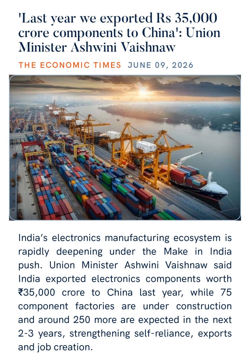 zahidpatka's tweet photo. INDIA EXPORTED ₹35,000 CRORE OF ELECTRONICS COMPONENTS TO CHINA 🇮🇳⚡🇨🇳
Kudos PM @narendramodi Ji Govt
#MakeInIndia #MakeForWorld
•75 Electronics Component Factories Already Under Construction
•250 More Factories Expected In Next 2–3 Years🚀
https://t.co/X1GGZ23pod
@PMOIndia https://t.co/6J3QLTIQfd